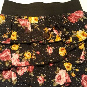 HIGH WAIST Women's Girl's Skirt Floral Ruffle Black Pink Yellow Roses Like New